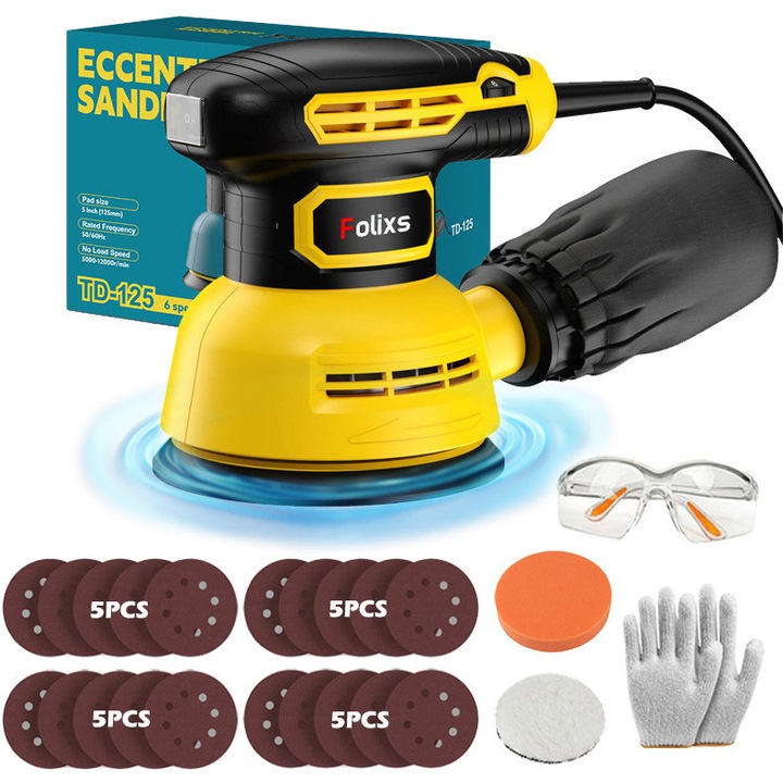 Slefuitor orbital cu excentric, Folixs®, 125 mm, 6 trepte viteza, 12 hartii de slefuit, 12000 RPM, 1 Ochelari de protectie, 1 Manusi, Galben