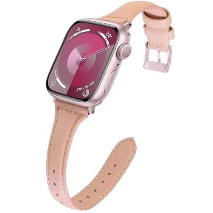 Curea de Smartwatch Lovmunia, Subtire, Piele, compatibila cu Apple Watch Ultra/SE/9/8/7/6/5/4/3/2/1 - 38/40/41/42/44/45/49MM, culoare Roz cu Auriu