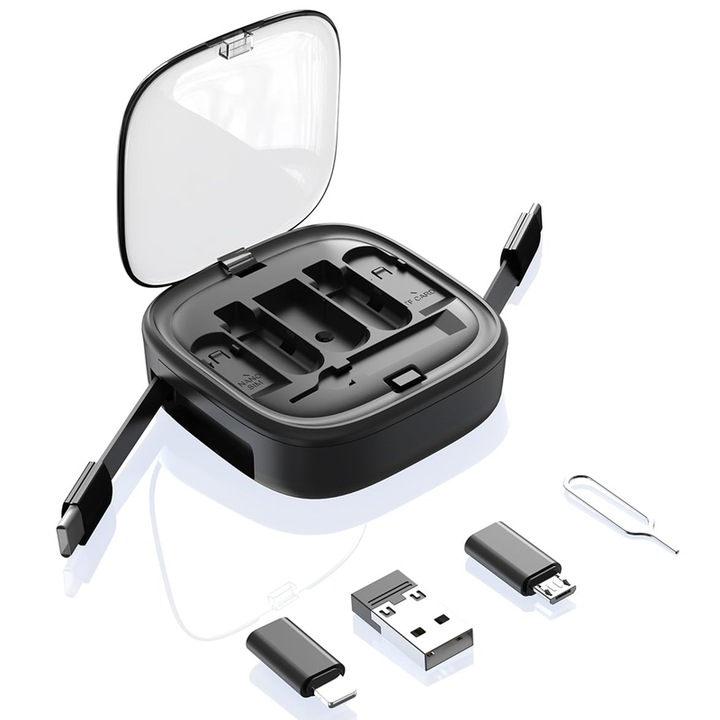 Behúzható adatkábel készlet, több USB/C típusból Micro/C típusba/Lightning adapterrel, telefontartó, adatátvitel, 7x7x2,2 cm
