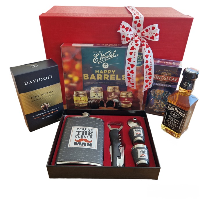 Pachet cadou pentru barbati Clever cu set plosca, desfacator, 2 shot-uri, Whisky Jack Daniel`s, butoiase de ciocolata, ceai negru, cafea Davidoff, 6 produse