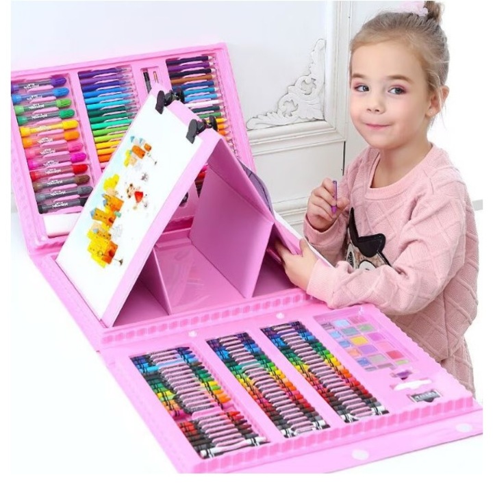 Trusa 208 piese pictura si desen, PROCART, set creativ copii, creioane, acuarele, carioci, suport hartii, valiza roz