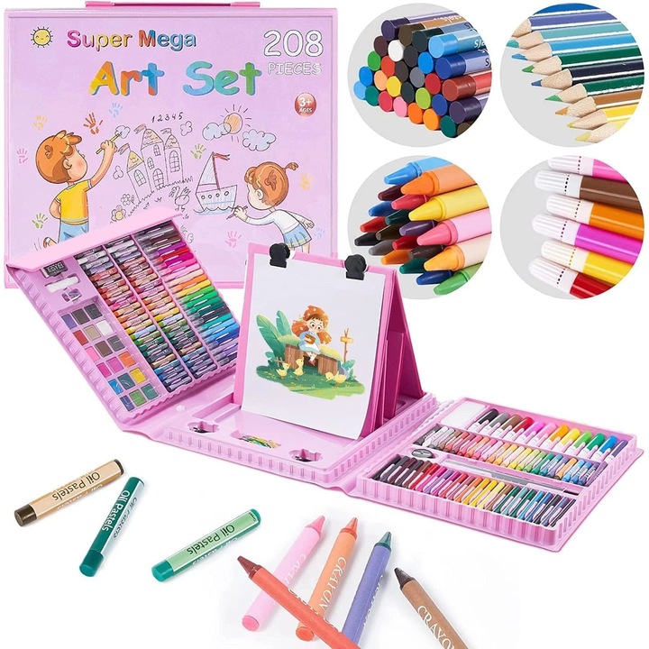 Trusa 208 piese pictura si desen, PROCART, set creativ copii, creioane, acuarele, carioci, suport hartii, valiza roz