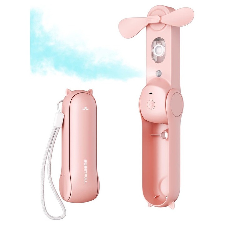 Ventilator portabil cu pulverizator, pliabil, reincarcabil, set inclus cablu si lanyard, roz