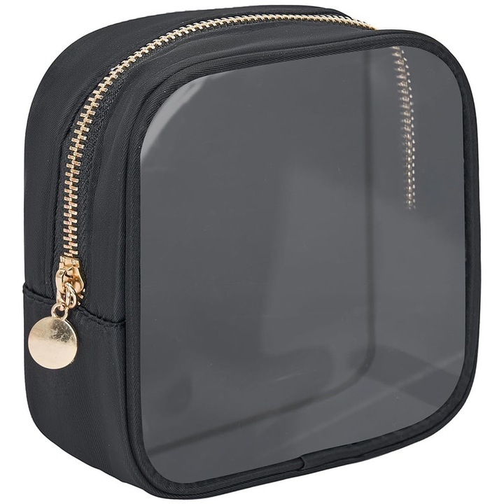 Portfard, Mini Clear, transparent, nailon impermeabil si TPU, fermoar metalic rotund, 12x5x13cm, negru