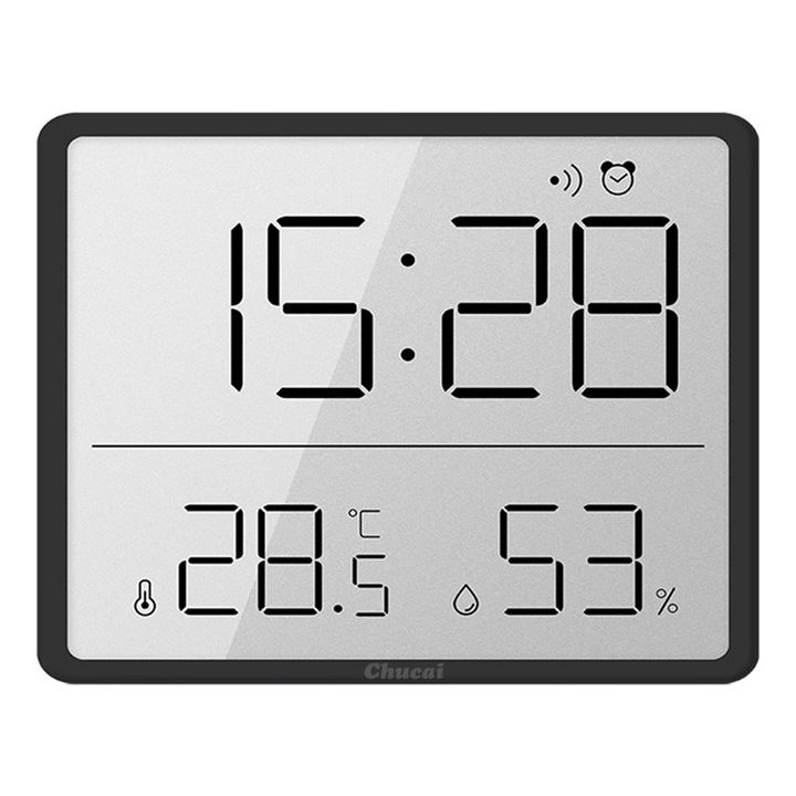 Мини многофункционален цифров стенен часовник, Chucai, LCD екран, черен