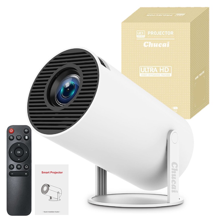 Videoproiector smart portabil, 6000 lumeni, 160 ANSI, cu Android 11, Wi-Fi dual, Bluetooth, rezolutie 1280x720p HD, suport 4K, conexiune HDMI, USB si Mirroring Android/IOS, difuzor integrat, rotatie 180 grade, telecomanda, Chucai, alb