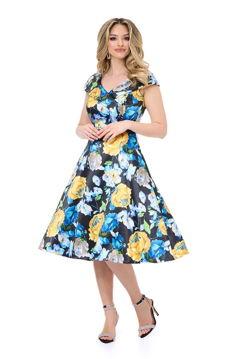 BAROCCA, Rochie midi evazata Louna, Negru/Galben/Albastru