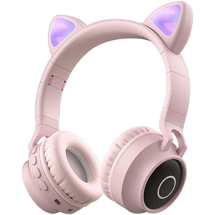 Слушалки детски, Chucai, Котешки уши, LED, Bluetooth 5.0, Розови