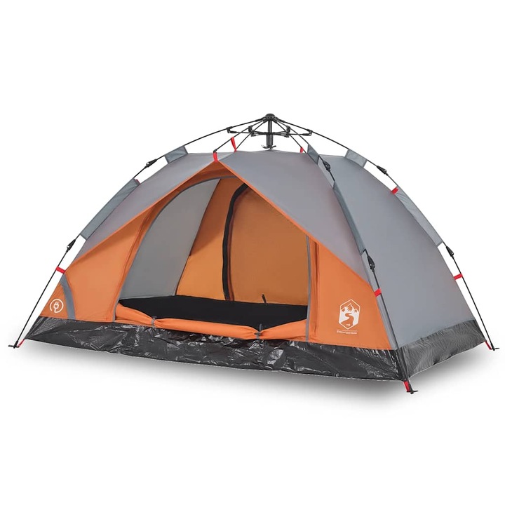 Cort camping cupola 3 persoane vidaXL, gri/portocaliu, setare rapida, 2.95 Kg