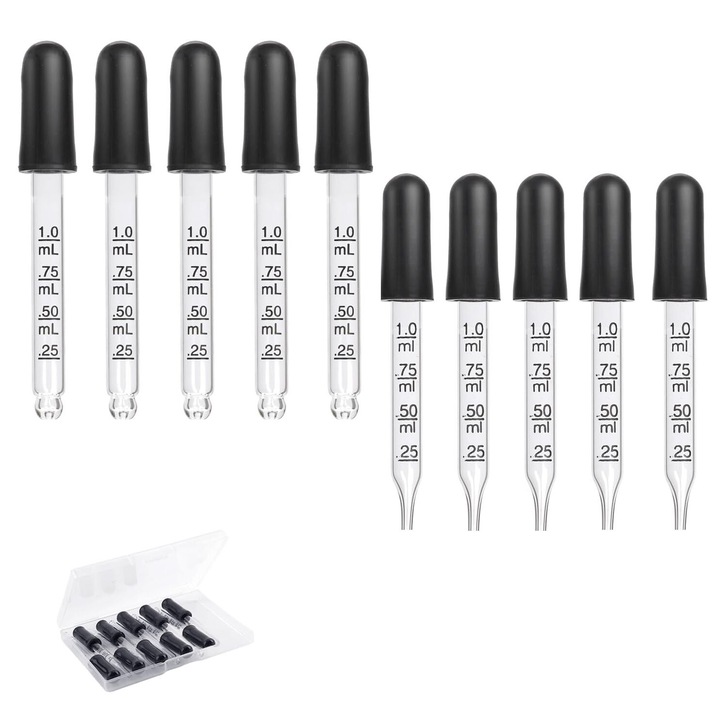Комплект от 8 пипети за дозиране на лекарства, JENUOS®, 0.25, 0.5, 0.75, 1ml, стъкло - гума, 9 см, черни/прозрачни