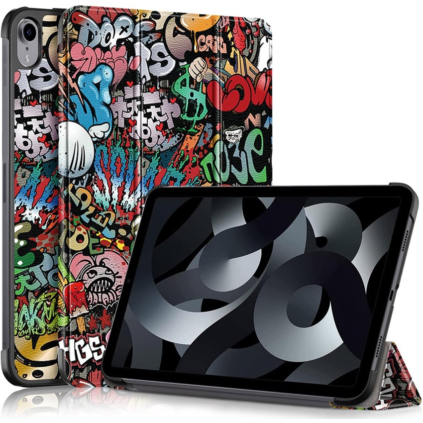 Husa tableta Chucai pentru iPad 10th, 10.9", Suport Tri-Fold, Functie Auto Sleep/Wake, Graffiti, Multicolor