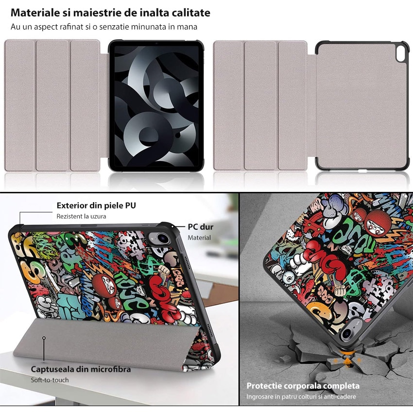 Husa tableta Chucai pentru iPad 10th, 10.9", Suport Tri-Fold, Functie Auto Sleep/Wake, Graffiti, Multicolor