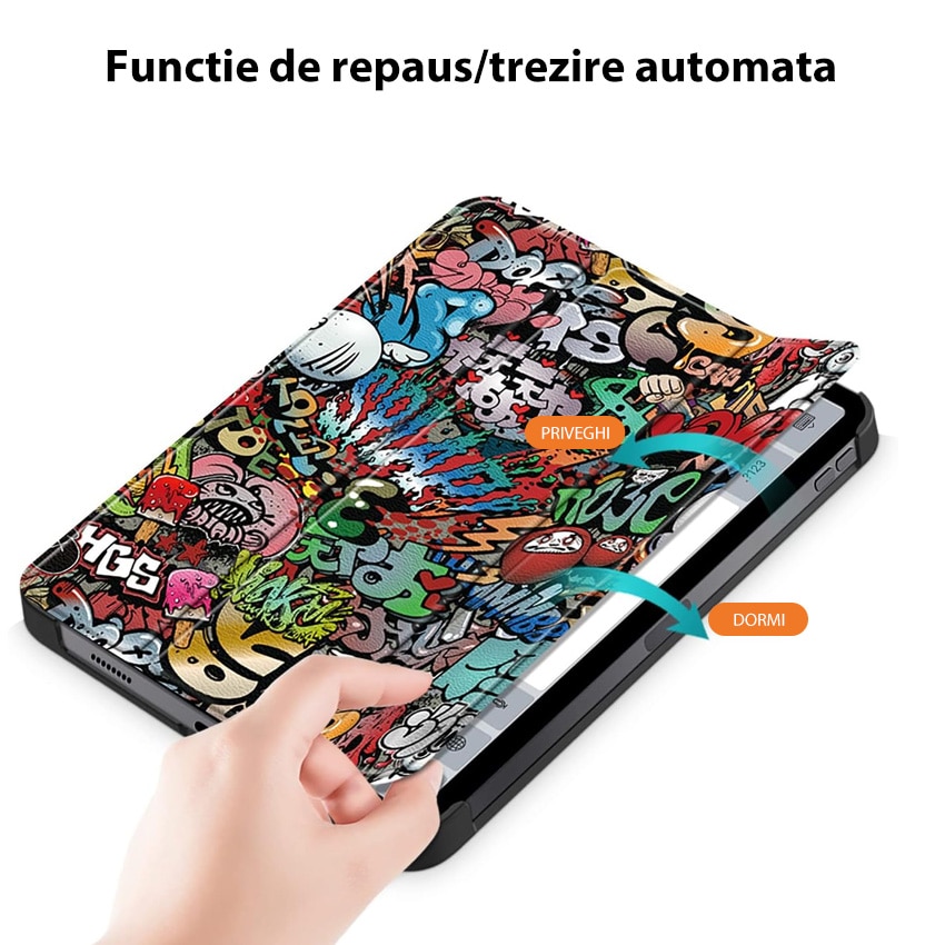 Husa tableta Chucai pentru iPad 10th, 10.9", Suport Tri-Fold, Functie Auto Sleep/Wake, Graffiti, Multicolor