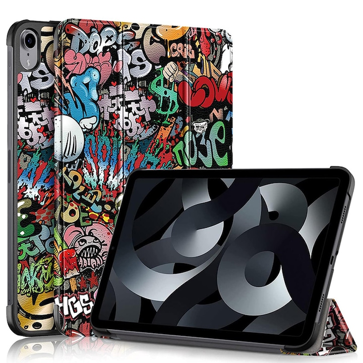 Chucai Tablet Cover iPad 10th, 10,9", Tri fold tartó, automatikus elalvás/ébresztés funkció, graffiti, többszínű