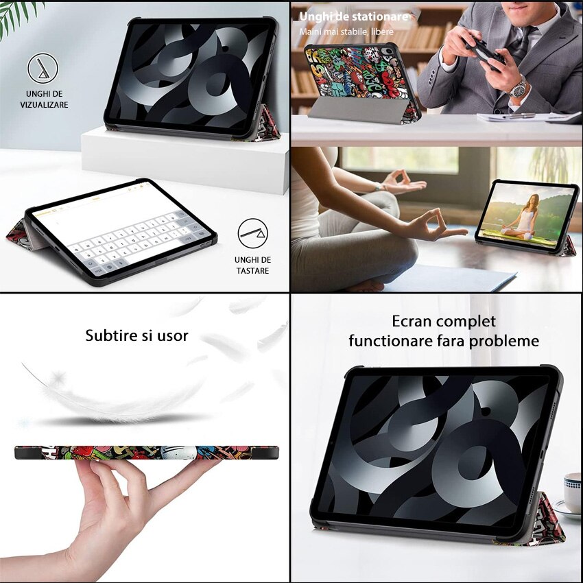 Husa tableta Chucai pentru iPad 10th, 10.9", Suport Tri-Fold, Functie Auto Sleep/Wake, Graffiti, Multicolor