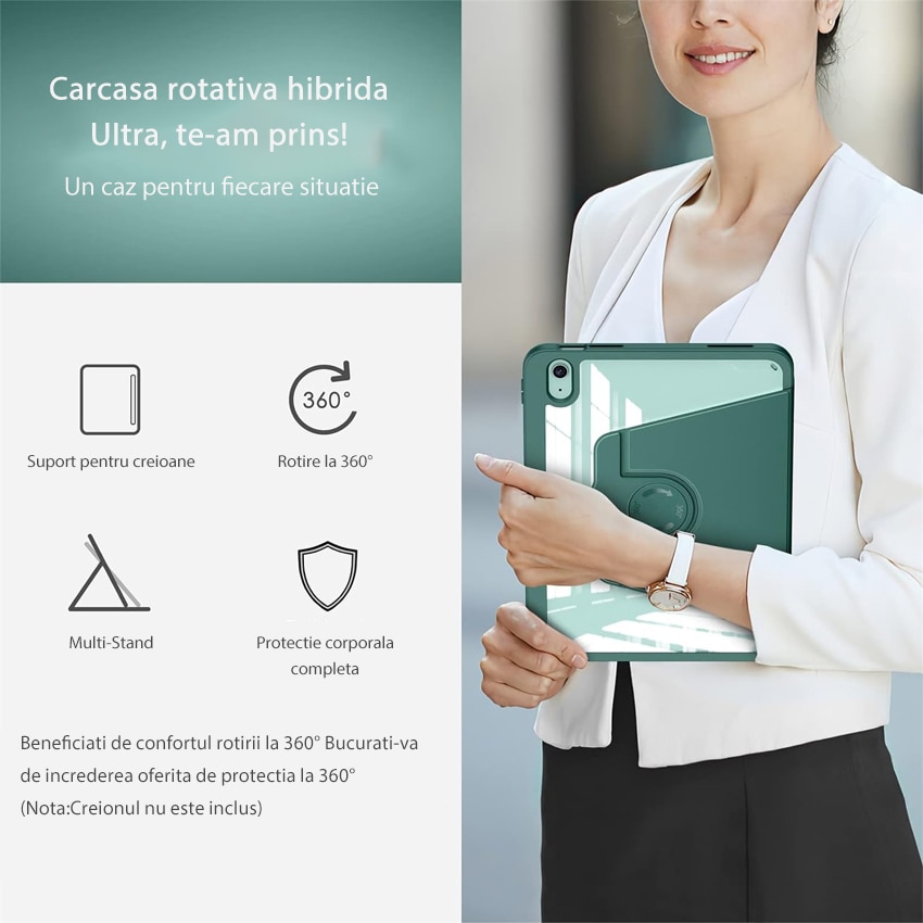Husa tableta, Chucai, pentru iPad 10th 10.9" 2022, Stand Rotativ 360, Suport Pencil, Verde