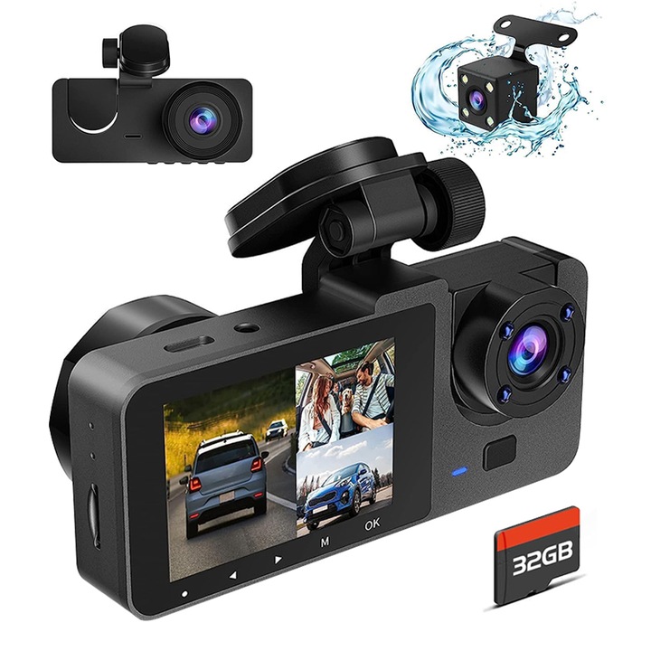 Chucai DVR камера за кола, тройна Full HD, нощно виждане, 32GB включена, черна, 2 инча екран