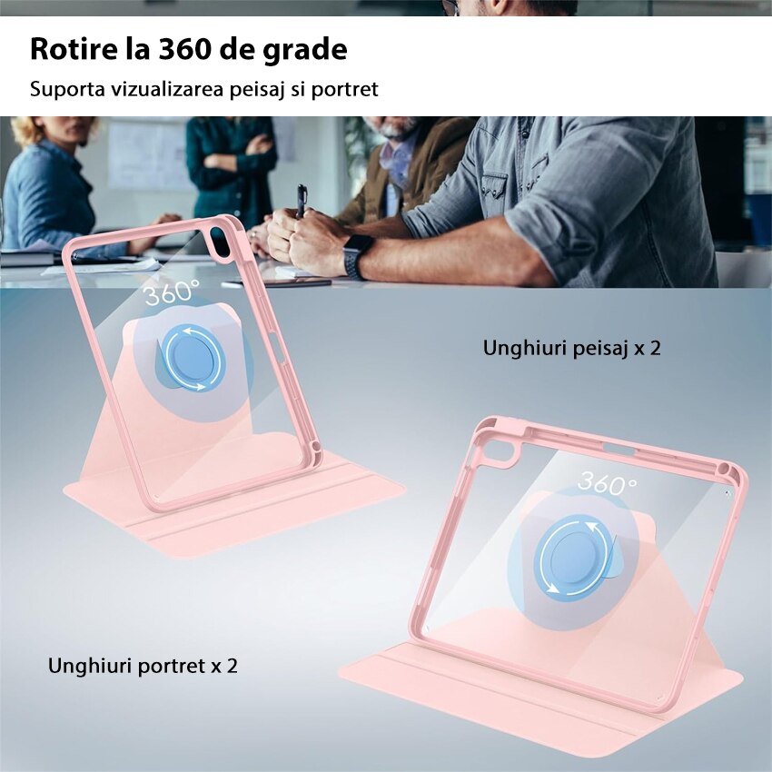 Husa tableta, Chucai, pentru iPad 10th 10.9" 2022, Stand Rotativ 360, suport pencil, Roz