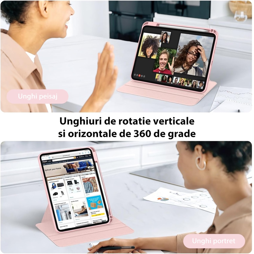 Husa tableta, Chucai, pentru iPad 10th 10.9" 2022, Stand Rotativ 360, suport pencil, Roz