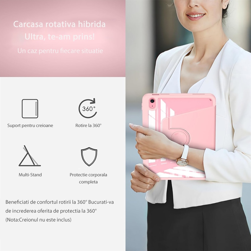 Husa tableta, Chucai, pentru iPad 10th 10.9" 2022, Stand Rotativ 360, suport pencil, Roz