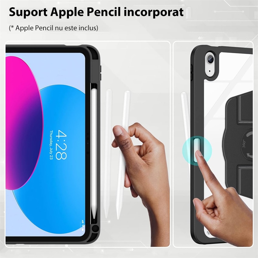 Husa tableta, Chucai, pentru iPad 10th 10.9" 2022, Stand Rotativ 360, suport pencil, Negru