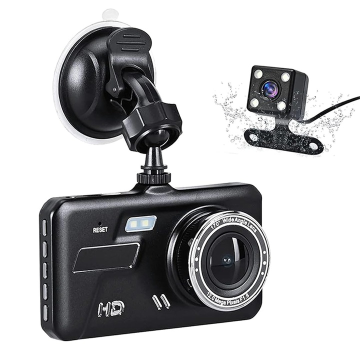 Camera auto dubla, Chucai, Full HD, Rezolutie 1080p, Unghi filmare 170° in fata si 120° in spate, Ecran LCD 4 inch cu Touchscreen, Senzor G, Filmare in bucla, suporta card micro SD, Negru