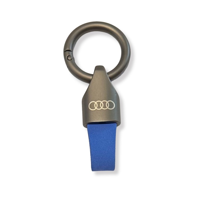 Ключодържател Audi от метал и велур, Гравирано лого, Матово черно-синьо