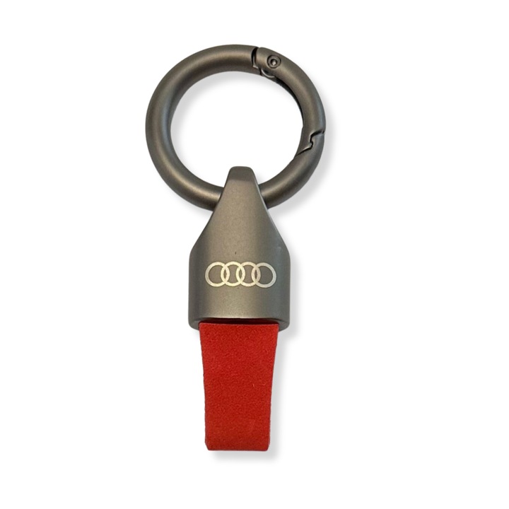 Ключодържател Audi от метал и велур, Гравирано лого, Матово черно-червено