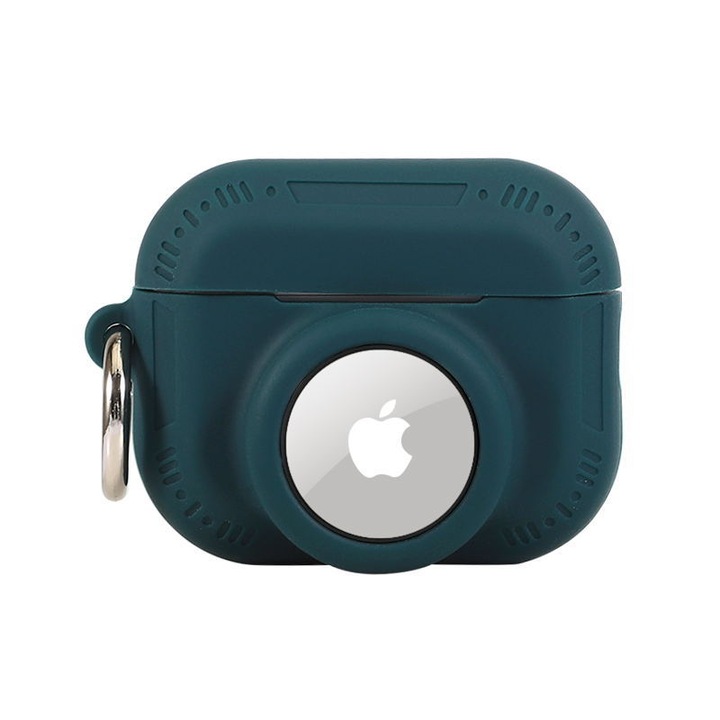 Husa de protectie 2 in 1 compatibila pentru Airpods Pro si set combinat de huse Airtag, Suport de husa din silicon pentru tracker GPS, moale, rezistenta la socuri, anti-zgarieturi, anti-pierdere (verde inchis)