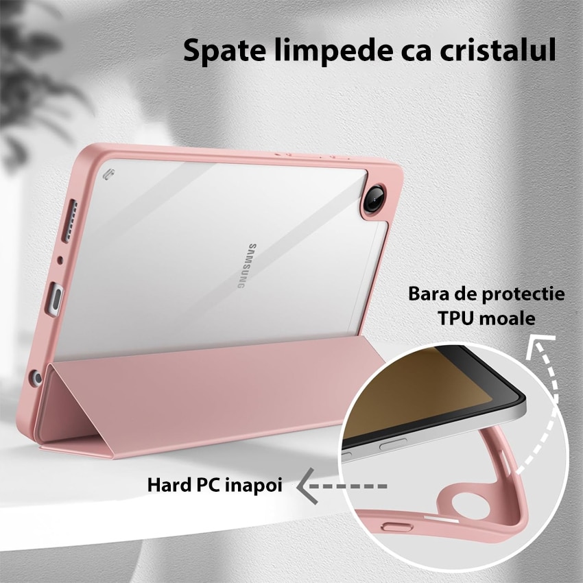 Husa tableta Chucai pentru Samsung Galaxy Tab A9 8.7" 2023, Transparenta, Suport Tri-Fold, Roz