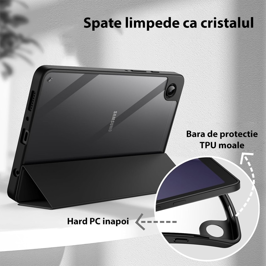 Husa tableta Chucai pentru Samsung Galaxy Tab A9 8.7" 2023, Transparenta, Suport Tri-Fold, Negru