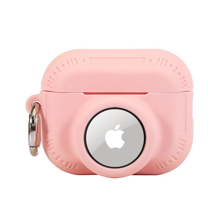 Husa de protectie 2 in 1 compatibila pentru Airpods Pro si set combinat de huse Airtag, suport de husa din silicon pentru tracker GPS, moale, rezistenta la socuri, anti-zgarieturi, anti-pierdere (roz)