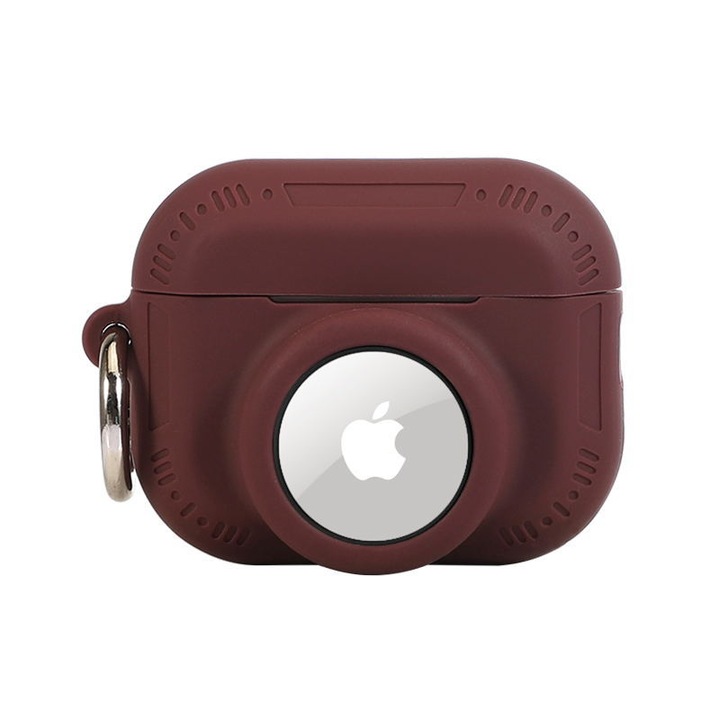 Husa de protectie 2 in 1 compatibila pentru Airpods Pro si set combinat de huse Airtag, Suport de husa din silicon pentru tracker GPS, moale, rezistenta la socuri, anti-zgarieturi, anti-pierdere (rosu vin)