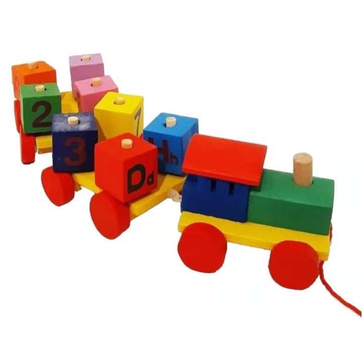 Jucarie educativa pentru copii, trenulet din lemn cu snur + 8 cuburi alfabet si numere, 3+ ani, Multicolor