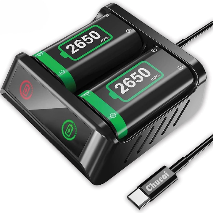 Set 2 baterii reincarcabile pentru Xbox, 2x2650mAh, indicator LED, Chucai, Negru