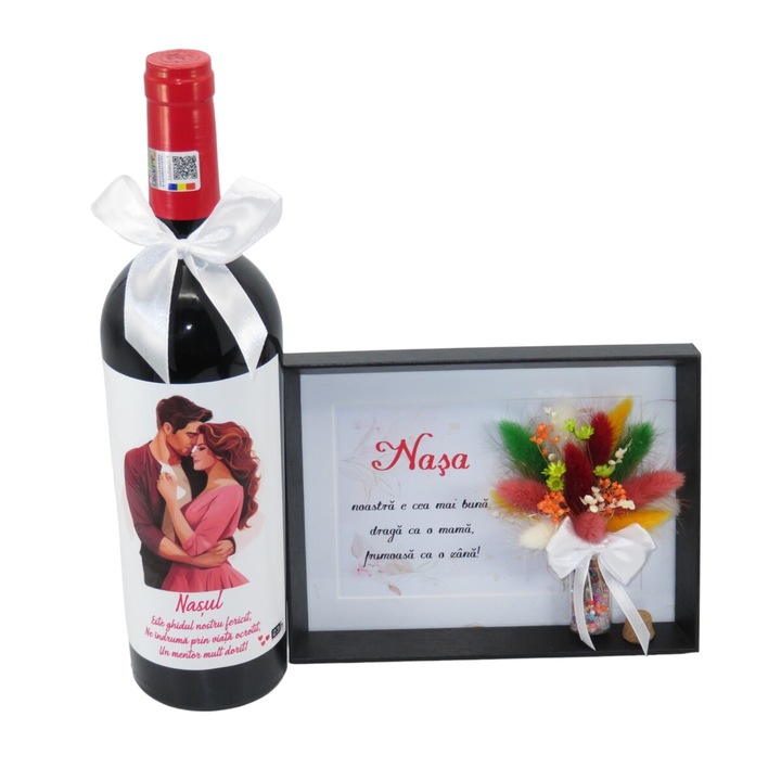 Set cadou Nasi Cununie - sticla vin personalizata & tablou cu flori uscate - ILIF404020, 23h Events