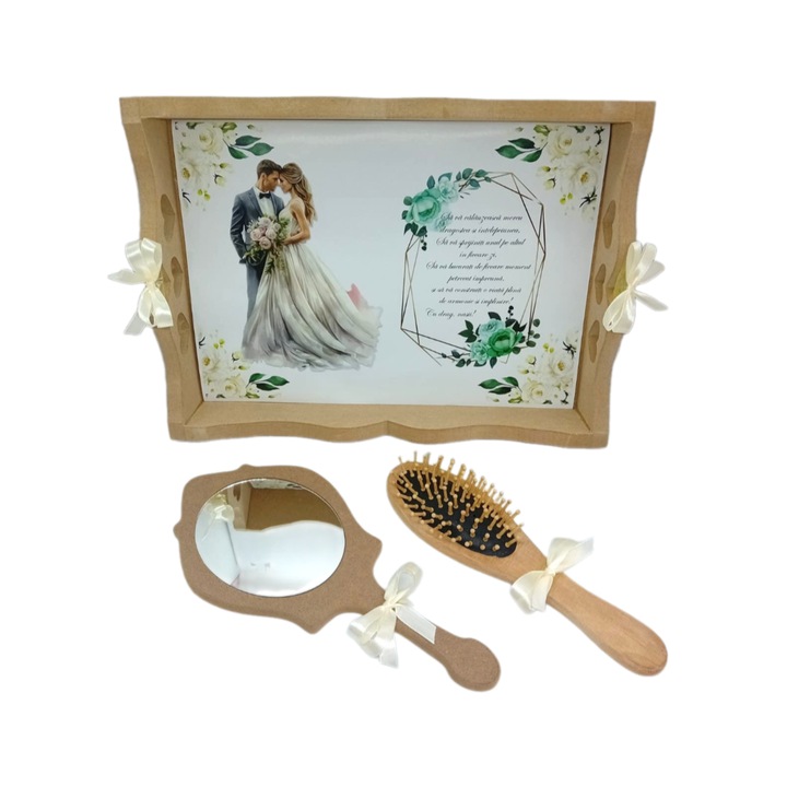 Set personalizat gatitul miresei, 3 piese tava, oglinda, model 2