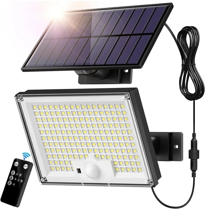 Lampa solara de exterior LED, cu Panou Solar, 172 LED, Lumina Rece, Senzor de lumina si Telecomanda