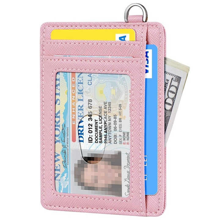 Portofel minimalist, RFID, 6 sloturi card, buzunar bani, roz Saffiano, 11.7x8cm