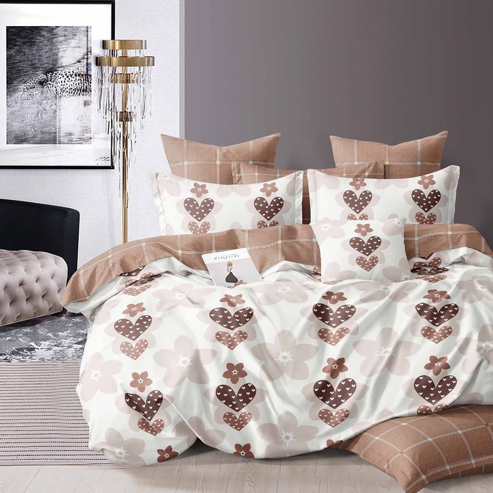 Lenjerie de pat dublu bumbac Finet 6 piese cu elastic la cearsaf 180 x 200 cm, Flori si inimi, Maro, Ralex Pucioasa HF6P170