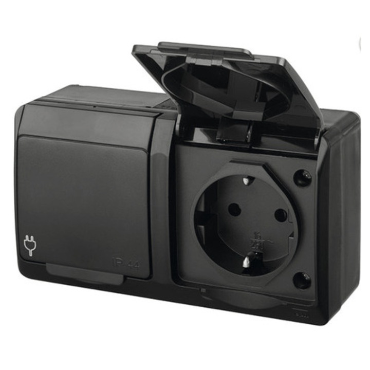 Priza Dubla Cu Impamantare Hermes Ip44 Negru, Montaj Aplicat Orizontal