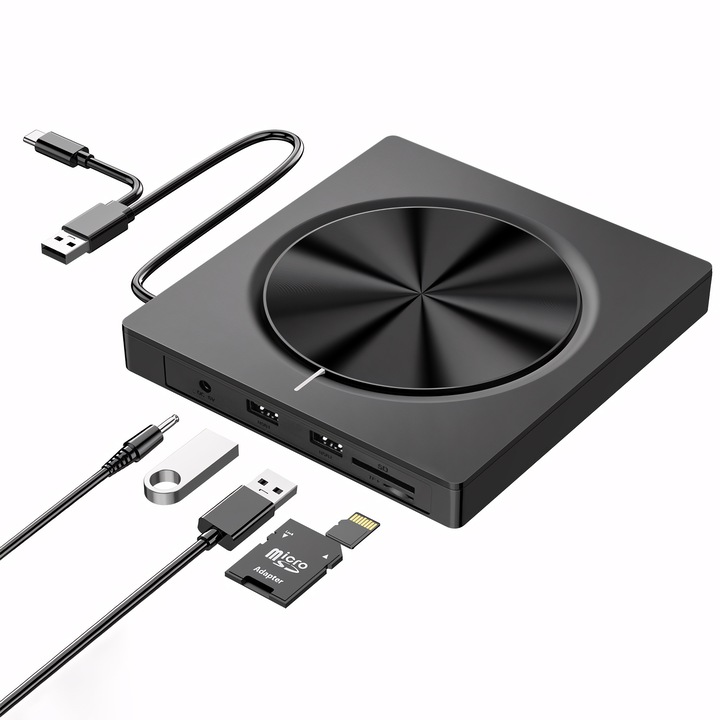 Külső optikai meghajtó, JESWO, 4 az 1-ben, 2xUSB 2.0, SD Slot, TF Slot, USB 3.0 és Type-C, fekete