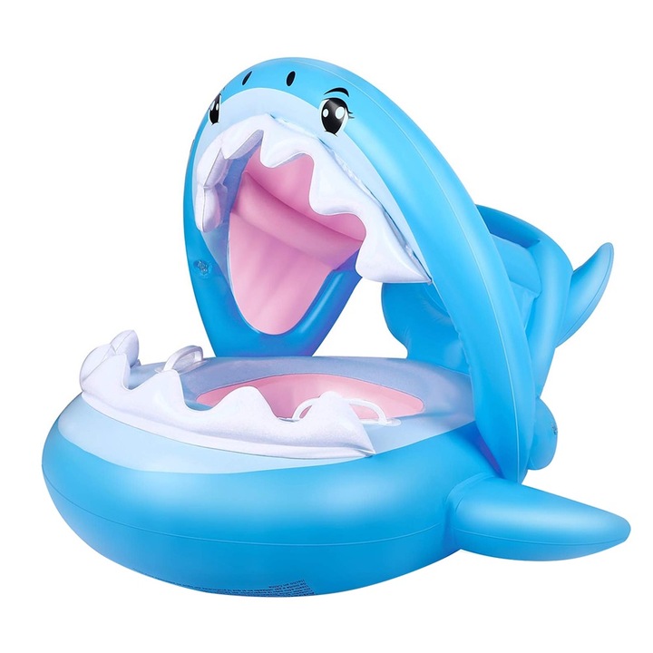 Úszógumi babáknak és gyerekeknek, cápa alakú, levehető napellenzővel, 1-4 éves korig alkalmas, sundiguer, kék