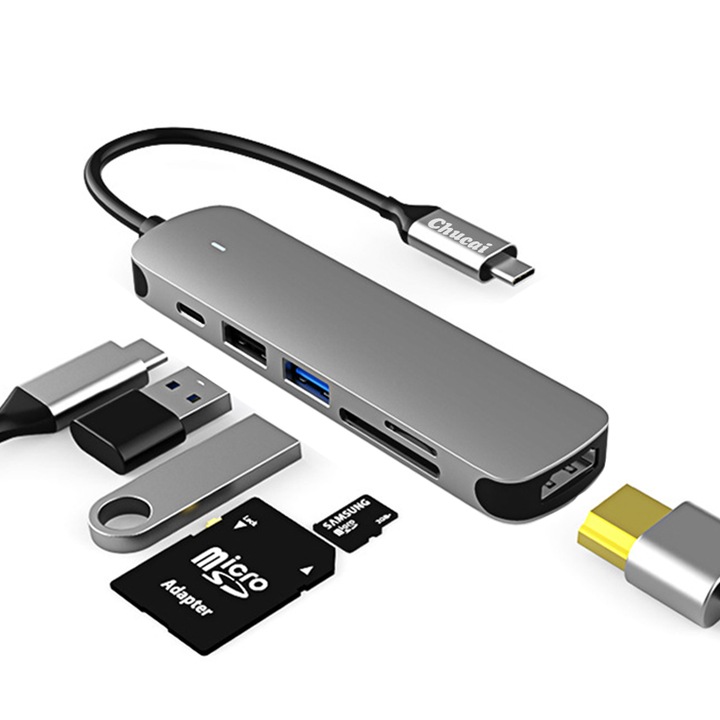 Докинг станция, Chucai, 6 в 1, USB C, HDMI, Сребрист