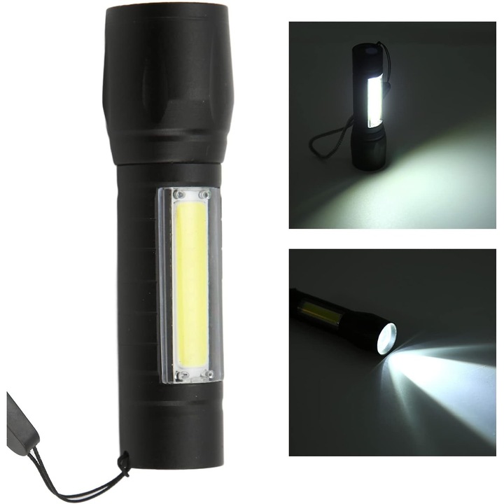 Преносимо фенерче, телескопично увеличение, USB презареждаемо, 6000 lm, черно, 10x2.7x2.8cm
