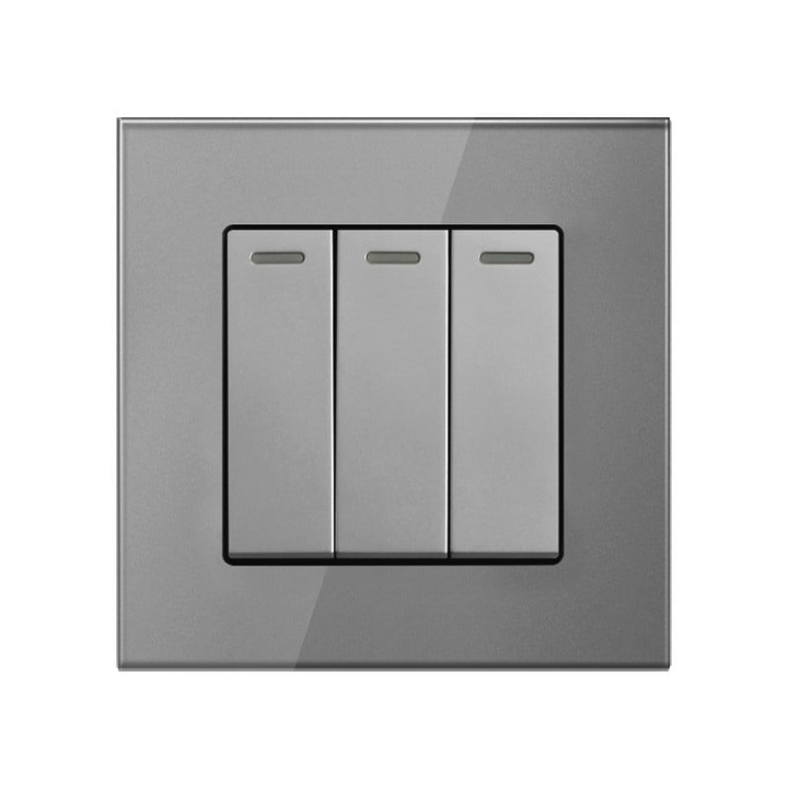 Intrerupator Triplu Cap Scara Cu Panou Din Sticla Securizata Techstar® TGS 01, 220V, 16A, 86 X 86 Mm, Gri, cu 3 Faze