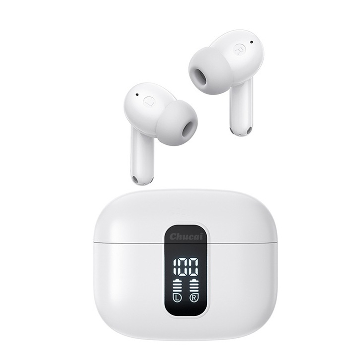 Безжични слушалки, Chucai, Bluetooth 5.3, LED дисплей, Бяло