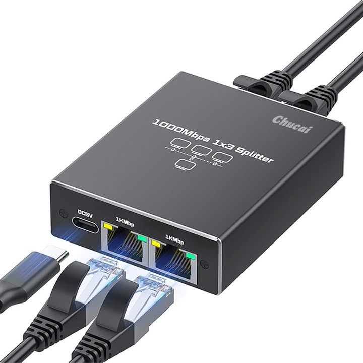 Splitter Ethernet RJ45 cu 3 Porturi, Adaptor Retea Internet 1 la 3 Porturi, Suport 1000Mbps, Carcasa din Aluminiu, pentru IPTV, Router, Chucai, Monitoare