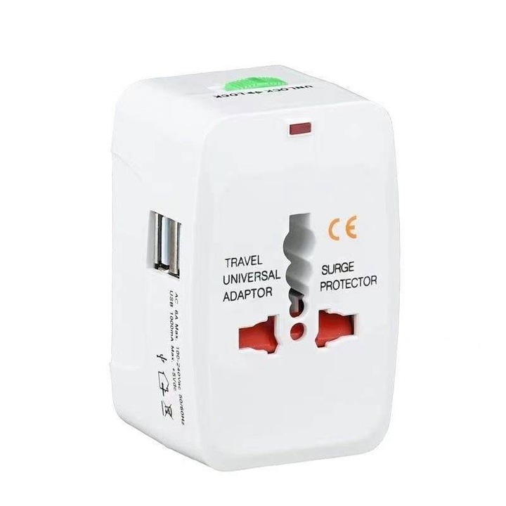 Adaptor de calatorie universal cu functie de conversie, 2 porturi USB, alb, 73x50x39mm