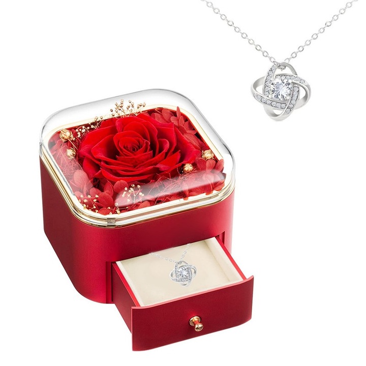 Flori eternizate ASDIIT® design cu margini rotunjite, cu colier, felicitare si punga cadou, un cadou de sarbatoare potrivit pentru sotie, mama si fiica, rosu inchis